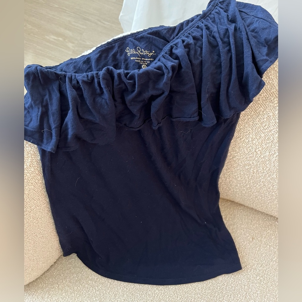 Lilly Pullitzer Ruffle Neck Top in Navy, Size Xs